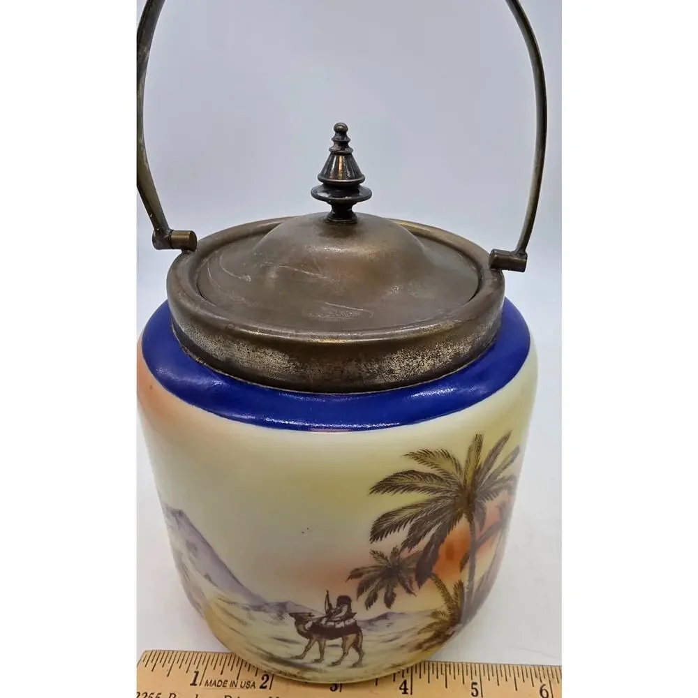 VINTAGE CZECH DESERT SCENE COVERED BISCUIT JAR PORCELAIN WITH METAL FRAME